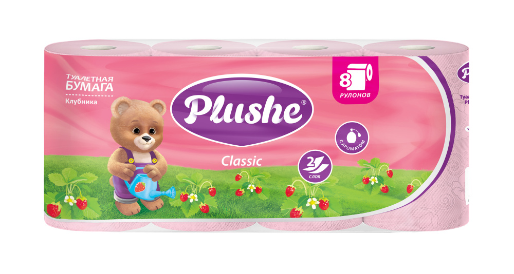 PLUSHE Туалетная бумага, "Classic Клубника", розовая, 2 сл. 18 м (8 рул.) 
