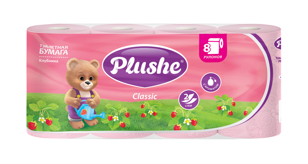 PLUSHE Туалетная бумага, "Classic Клубника", розовая, 2 сл. 18 м (8 рул.) 