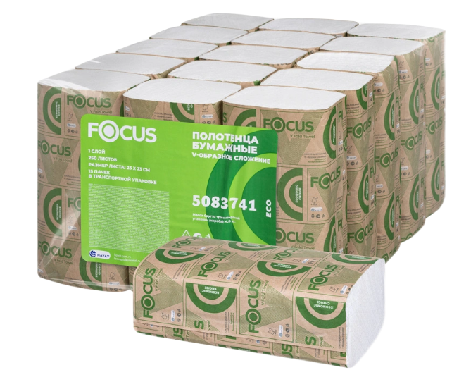 FOCUS Полотенца листовые бум 1 сл. V сл., 23х23 см, белые. 250л 1/15