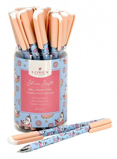 Ручка маслян. LOREX ILLEGALLY CUTE.UNICORN Slim Soft синий 0,5 мм бежев. кругл. корп. ultra-soft touch игольчатый наконечник