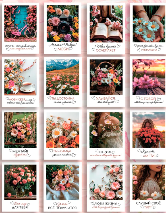 Открытки мини с пожеланиями набор к 8 марта 64 шт