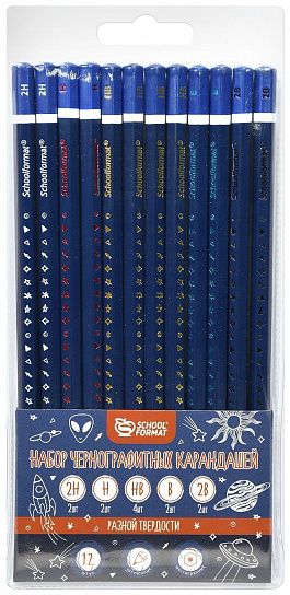 Набор ч/г карандашей, корпус дерев. Schoolformat 12 шт 2H/H/B/2B - по 2 шт. HB - 4 шт. заточенный шестигранные ПВХ пенал с европодвесом