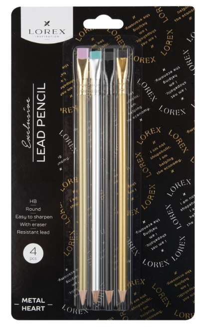 Набор ч/г карандашей, корпус дерев. LOREX EXCLUSIVE METAL HEART 4 шт с плоским ластиком заточенный к