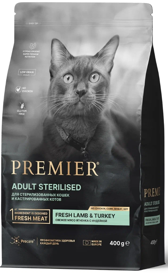PREMIER Корм для стерелизованных кошек Свежее мясо ягненка с индейкой 400 г