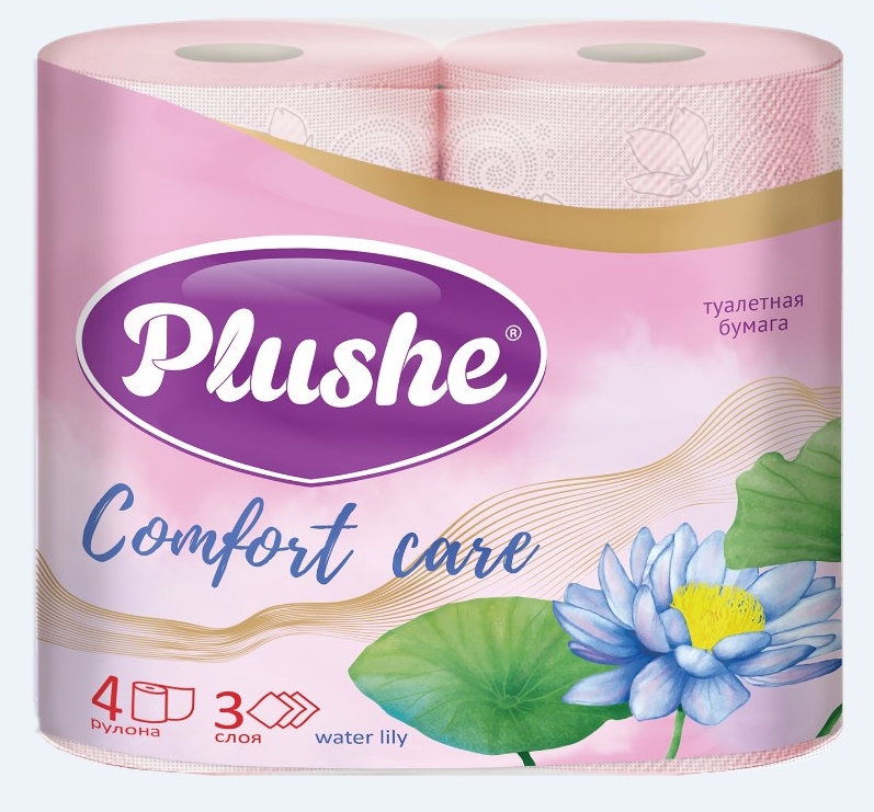 PLUSHE Туалетная бумага, "Comfort care" Water Lily, 3 сл. (4 рул.) 