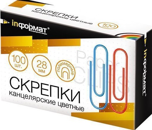 Скрепки INFORMAT 28 мм класс. с полимер. покрытием ассорти карт. упак. 100 шт