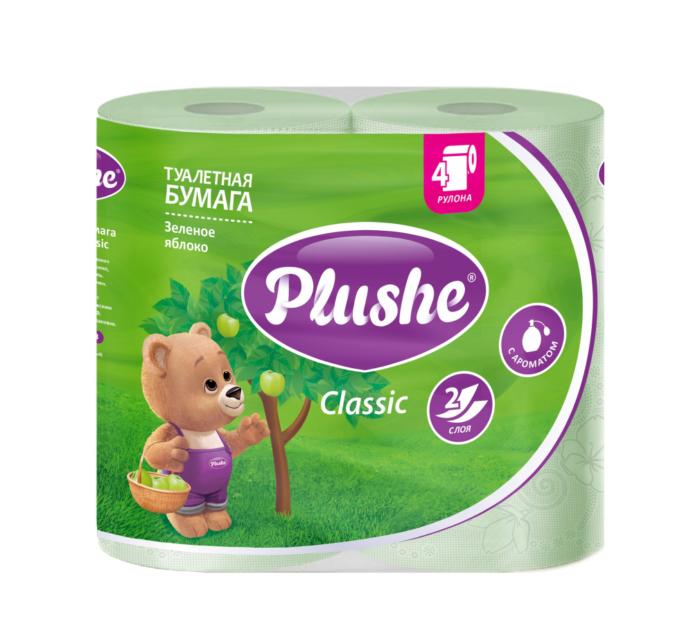 PLUSHE Туалетная бумага, "Classic Зеленое яблоко", зеленая, 2 сл. 18 м (4 рул.) 