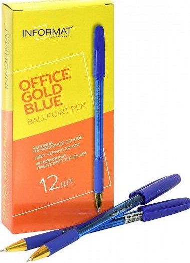 Ручка маслян. INFORMAT Office Gold Blue синий 0,5 мм прозрачно-синий кругл. корп. грип игольчатый наконечник