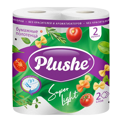PLUSHE Полотенца рулонные, "Super Light", 2 сл, белые, 2 рулона, 10 м 