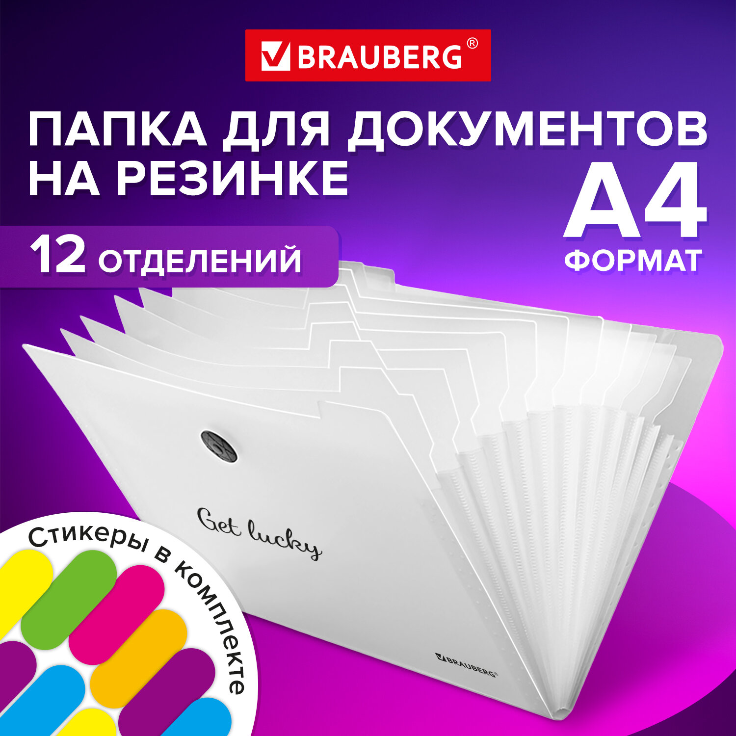 Папка-органайзер на резинке 12 отделений, BRAUBERG "Glassy", А4, прозрачная, 271929 1/24