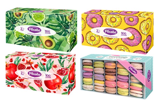 PLUSHE Салфетки бумажные Ассорти 2 сл, белые, V-слож., 100 листов