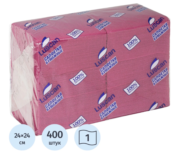 LUSCAN Салфетки 1 сл. 24х24 см. БОРДОВЫЕ, 400 листов (1 пач.)