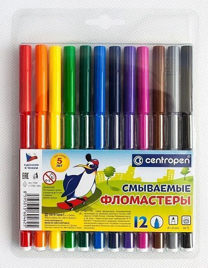 Фломастеры Centropen ПИНГВИНЫ смываемые 12 цв. шестигран. корп. стандартные блист. упак.1/12