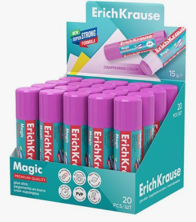Клей-карандаш ErichKrause MAGIC 15 г для бумаги, картона, текстиля быстросох., смывается водой PVP