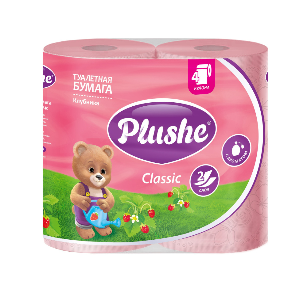PLUSHE Туалетная бумага, "Classic Клубника", розовая, 2 сл. 18 м (4 рул.) 